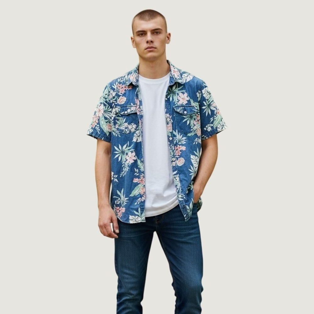 Superdry Tropical Coastal Floral Button Down Shirt M Blue‎ Short Sleeve Aloha